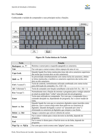 Apostila de Introdução a Informática



5.1.1 Teclado
Conhecendo o teclado do computador e suas principais teclas e funções.




                                      Figura 10: Teclas básicas do Teclado

           Tecla                                                Função
Backspace ou                   Retorna o cursor para a esquerda apagando os caracteres.
Tab                            Faz com que o cursor avance vários espaços de uma só vez.
                               Quando ligada fixa letras maiúsculas (mas não ativa caracteres superiores
Caps Lock
                               das teclas que tiverem dois ou três caracteres).
                               Se pressionada simultaneamente com outras teclas de caracteres, obtém-
Shift ou                       se letras maiúsculas e também os caracteres superiores das teclas com
                               dois ou três caracteres.
                               Tecla de controle, normalmente utilizada combinada com outras teclas
Ctrl (“control”)
                               para efetivação de comandos. Ex.: Ctrl + Q
Alt (“alternate”)              Tecla de comando com função semelhante a da tecla Ctrl. Ex.: Alt + A
                               Normalmente tem a função de retornar o programa para o estágio anterior
Esc (“escape”)
                               ao atual ou ainda fazer "voltar" uma tela (sair de um programa).
                               Tecla mais utilizada no computador. Faz com que o computador leia o
Enter                          comando desejado ou, dependendo do programa, faz o cursor mudar de
                               linha.
                               Quando ligada faz com que os caracteres digitados sejam inseridos entre
                               palavras, caso o cursor esteja entre duas palavras ou caracteres já
Insert ou Ins
                               digitados. Quando desligada o cursor vai "passando por cima" e
                               eliminando os caracteres já digitados que estejam a sua frente.
Delete ou Del                  Apaga o caractere que estiver à direita do cursor.
                               Faz o cursor ir direto para o início do texto ou da linha, depende do
Home
                               programa.
                               Faz o cursor ir direto para o final do texto ou da linha, depende do
End
                               programa.
Page Up ou PgUp                Faz com que o texto avance uma "página" para cima.


Profa. Flávia Pereira de Carvalho - fpereira@faccat.br - http://fit.faccat.br/~fpereira               11
 