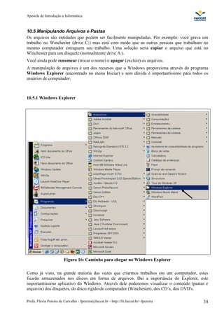 Apostila de Introdução a Informática



10.5 Manipulando Arquivos e Pastas
Os arquivos são entidades que podem ser facilmente manipuladas. Por exemplo: você grava um
trabalho no Winchester (drive C:) mas está com medo que as outras pessoas que trabalham no
mesmo computador estraguem seu trabalho. Uma solução seria copiar o arquivo que está no
Winchester para um disquete (normalmente drive A:).
Você ainda pode renomear (trocar o nome) e apagar (excluir) os arquivos.
A manipulação de arquivos é um dos recursos que o Windows proporciona através do programa
Windows Explorer (encontrado no menu Iniciar) e sem dúvida é importantíssimo para todos os
usuários de computador.



10.5.1 Windows Explorer




                         Figura 16: Caminho para chegar no Windows Explorer

Como já visto, na grande maioria das vezes que criarmos trabalhos em um computador, estes
ficarão armazenados nos discos em forma de arquivos. Daí a importância do Explorer, este
importantíssimo aplicativo do Windows. Através dele poderemos visualizar o conteúdo (pastas e
arquivos) dos disquetes, do disco rígido do computador (Winchester), dos CD´s, dos DVD's.

Profa. Flávia Pereira de Carvalho - fpereira@faccat.br - http://fit.faccat.br/~fpereira   34
 