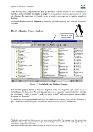 Apostila de Introdução a Informática


Além da visualização, importantíssima para que possamos localizar e saber por onde andam nossos
trabalhos, pode-se também manipular os arquivos. Abrir, copiar, renomear, excluir, mover e criar
são algumas das operações envolvendo pastas e arquivos possíveis de se realizar através do
Explorer.
Ainda pelo Explorer pode-se formatar os disquetes (prepará-los para o uso) para que possam ser
utilizados.



10.5.1.1 Utilizando o Windows Explorer

                                                                          Indica o local
                                                                          onde estamos.




                             Figura 17: Janela Básica do Windows Explorer

Basicamente, pode-se definir o Windows Explorer como um programa cuja janela divide-se
verticalmente em duas partes. Na parte da esquerda pode-se visualizar o diretório (árvore) principal
do computador, “todas as pastas”, sendo que como default8 será primeiramente demonstrada a
árvore da raiz do drive C:
À medida que formos pesquisando cada uma das pastas notaremos que a parte direita da tela serve
para visualizar o conteúdo da pasta ou drive que estiver ativo na esquerda no momento.




8
  Default: significa padrão. Cada programa tem uma característica padrão. Por exemplo: uma das características
“default” do Word é que sua janela esteja sempre maximizada logo que o inicializamos. Mas não significa que esta
característica não possa ser modificada.
Profa. Flávia Pereira de Carvalho - fpereira@faccat.br - http://fit.faccat.br/~fpereira                      35
 