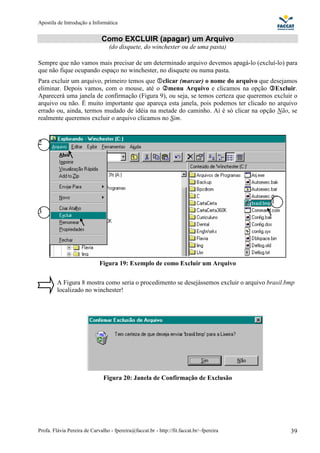 Apostila de Introdução a Informática


                              Como EXCLUIR (apagar) um Arquivo
                                  (do disquete, do winchester ou de uma pasta)

Sempre que não vamos mais precisar de um determinado arquivo devemos apagá-lo (excluí-lo) para
que não fique ocupando espaço no winchester, no disquete ou numa pasta.
Para excluir um arquivo, primeiro temos que clicar (marcar) o nome do arquivo que desejamos
eliminar. Depois vamos, com o mouse, até o menu Arquivo e clicamos na opção Excluir.
Aparecerá uma janela de confirmação (Figura 9), ou seja, se temos certeza que queremos excluir o
arquivo ou não. É muito importante que apareça esta janela, pois podemos ter clicado no arquivo
errado ou, ainda, termos mudado de idéia na metade do caminho. Aí é só clicar na opção Não, se
realmente queremos excluir o arquivo clicamos no Sim.


2




                                                                                          1
3




                             Figura 19: Exemplo de como Excluir um Arquivo

         A Figura 8 mostra como seria o procedimento se desejássemos excluir o arquivo brasil.bmp
         localizado no winchester!




                               Figura 20: Janela de Confirmação de Exclusão




Profa. Flávia Pereira de Carvalho - fpereira@faccat.br - http://fit.faccat.br/~fpereira        39
 