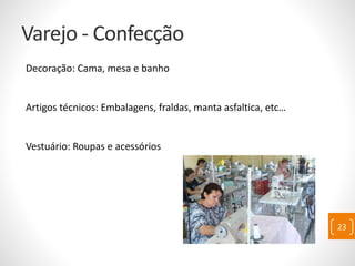 Varejo - Confecção
Decoração: Cama, mesa e banho
Artigos técnicos: Embalagens, fraldas, manta asfaltica, etc…
Vestuário: Roupas e acessórios
23
 