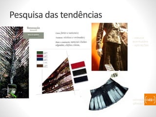 Pesquisa das tendências
45
- relevos
acentuados
- aplicações
-corrosão da cor
-plissado
 