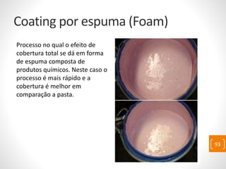Coating por espuma (Foam)
Processo no qual o efeito de
cobertura total se dá em forma
de espuma composta de
produtos químicos. Neste caso o
processo é mais rápido e a
cobertura é melhor em
comparação a pasta.
93
 