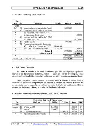 INTRODUÇÃO À CONTABILIDADE                                              17
                                                                                                  Pág.


•     Modelo e escrituração do Livro Caixa


      Data
    Mês Dia                    Operações                      Parcelas        Débito         Crédito
      200X
    Jano   01   Importância que se constituí o Capital                      100.000,00
     “     10   Compra de Mesas, cadeiras e pratelei-
     “          ras, conforme Nota Fiscal no. 1.467 ,
     “          da Carpintaria Brasil Ltda.                                                 10.000,00
     “     10   Idem, mercadorias, N.Fiscal no. 2.765
     “          de Lima e Silva Ltda.                                                       45.000,00
     “     10   Vendas a vista                                                9.500,00
     “     31   Pagamento das seguintes duplicatas:
     “          No. 19.876, S. A. Construções Técas.         10.000,00
     “          No. 45.361, de Fernando Rubano                1.365,50                  11.365,50
     “                                      Totais               -          109.500,00 66.365,50
     “                               Saldo do Mês                                -      43.134,50
     “                                                                      109.500,00 109.500,00
    Fevero   01 Saldo Anterior                                               43.134,50



•     Livro Contas Correntes

      O Contas Correntes é um livro sistemático, pois nele são registradas apenas as
operações de determinada natureza, embora o sejam em ordem cronológica, sendo
também um livro Facultativo e Auxiliar, ainda usual nas micro e nas empresas domésticas.

      Hoje, entretanto, a conta contábil intitulada Contas Correntes é menos usada e
raramente se encontram compensações de débitos e créditos de terceiro lançados na
mesma conta, pois as operações se realizam por meio de títulos de créditos, se débito é
lançado em Duplicatas a Pagar, se crédito em Duplicatas a Receber.


•     Modelo e escrituração de uma página do Livro Contas Correntes


                              Correntista: Correia & Castro Ltda.
    Data                     Histórico               Débito     Crédito                 Saldo      D/C
   200X
Janeiro 10      N/ nota no. 345                          5.600,00                      5.600,00     D
   “     20     Idem no. 351                             1.500,00                      7.100,00     D
   “     31     S/ pagamento por conta                                  5.000,00       2.100,00     D
   “      “     Desconto concedido s/ vendas                              500,00       1.600,00     D




Prof.: Affonso Silva - E-mail: affonso@uninet.com.br - Home Page: http://usuarios.uninet.com.br/~affonso
 