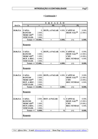 INTRODUÇÃO À CONTABILIDADE                                             37
                                                                                                 Pág.


                                          ( Continuação )


                                             E Q U A Ç Ã O
 DATA              A               =              PE     (+)                             PL

18.06.XA CAIXA              0, DUPL.A PAGAR 4.000, CAPITAL                                       8.000,
         BANCOS         2.000,                     DESP. SALOS                                 (2.000.)
                  AS
         MERCAD         5.000,
         VEÍCULOS       3.000,
            Totais => 10.000,        =      4.000,     (+)                                      6.000,

             Resposta:


20.06.XA CAIXA             0, DUPL.A PAGAR 4.000, CAPITAL       8.000,
         BANCOS        2.000,                     DESP. SALOS (2.000.)
         MERCADAS      1.000,                     CMV         (4.000,)
         DUP. A REC.   6.000,                     REC.VENDAS 6.000,
         VEÍCULOS      3.000,
            Totais => 12.000,       =      4.000,     (+)       8.000,

             Resposta:


21.06.XA CAIXA         4.000, DUPL.A PAGAR 4.000, CAPITAL       8.000,
                                                           OS
         BANCOS        2.000,                     DESP. SAL   (2.000.)
         MERCADAS      1.000,                     CMV         (4.000,)
         DUP. A REC.    2.000,                    REC.VENDAS 6.000,
         VEÍCULOS      3.000,
            Totais => 12.000,       =      4.000,     (+)       8.000,

             Resposta:


22.06.XA CAIXA                    2.000, DUP. A PAGAR                  0, CAPITAL       8.000,
                                                                                   OS
         BANCOS                       0,                                  DESP. SAL   (2.000.)
         MERCADAS                 1.000,                                  CMV         (4.000,)
         DUP.A REC.               2.000,                                  REC.VENDAS 6.000,
         VEÍCULOS                 3.000,
            Totais =>             8.000,        =                      0,         (+)           8.000,

             Resposta:




Prof.: Affonso Silva - E-mail: affonso@uninet.com.br - Home Page: http://usuarios.uninet.com.br/~affonso
 
