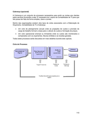 Cobrança (opcional)

A Cobrança é um conjunto de processos necessários para emitir as contas aos clientes
pelos serviços fornecidos a eles. É necessário ter o apoio da Contabilidade de TI para que
isto possa ser feito de forma simples, clara e correta.

Dentro das organizações existem dois tipos de ciclos associados com a Elaboração de
Orçamento, Contabilidade de TI e Cobrança:

   •   Um ciclo de planejamento (anual) onde as projeções de custos e previsão de
       carga de trabalho formam a base para o cálculo de custos e formação de preços.
   •   Um ciclo operacional (mensal ou trimestral) onde os custos são monitorados e
       comparados com os orçamentos, faturas emitidas e as receitas geradas.
Todos estes processos serão discutidos em mais detalhes durante este capítulo.


Ciclo do Processo




                                                                                      110
 