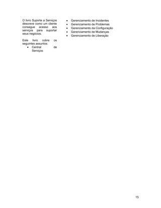 O livro Suporte a Serviços   •   Gerenciamento de Incidentes
descreve como um cliente     •   Gerenciamento de Problemas
consegue acesso aos          •   Gerenciamento da Configuração
serviços para suportar
                             •   Gerenciamento de Mudanças
seus negócios.
                             •   Gerenciamento de Liberação
Este livro    cobre    os
seguintes assuntos:
   • Central           de
       Serviços




                                                                 15
 