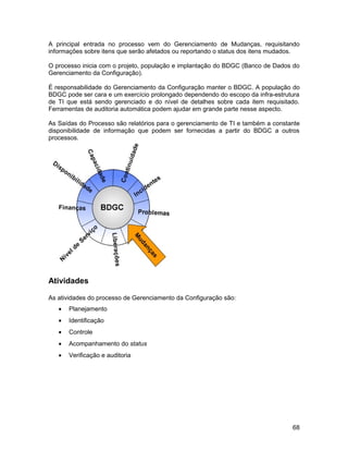 A principal entrada no processo vem do Gerenciamento de Mudanças, requisitando
informações sobre itens que serão afetados ou reportando o status dos itens mudados.

O processo inicia com o projeto, população e implantação do BDGC (Banco de Dados do
Gerenciamento da Configuração).

É responsabilidade do Gerenciamento da Configuração manter o BDGC. A população do
BDGC pode ser cara e um exercício prolongado dependendo do escopo da infra-estrutura
de TI que está sendo gerenciado e do nível de detalhes sobre cada item requisitado.
Ferramentas de auditoria automática podem ajudar em grande parte nesse aspecto.

As Saídas do Processo são relatórios para o gerenciamento de TI e também a constante
disponibilidade de informação que podem ser fornecidas a partir do BDGC a outros
processos.




Atividades

As atividades do processo de Gerenciamento da Configuração são:
   •   Planejamento
   •   Identificação
   •   Controle
   •   Acompanhamento do status
   •   Verificação e auditoria




                                                                                 68
 