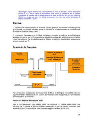 Observação: Alguns dizem que o Gerenciamento do Nível de Serviço é o mais importante
       dentro da ITIL. Isto é difícil de argumentar, pois todos os processos têm a mesma
       importância. É verdade que o Gerenciamento de Nível de Serviço tem um foco maior no
       cliente se comparado com os outros processos, mas sem os outros processos é
       impossível atender o cliente.

Objetivo

O processo de Gerenciamento do Nível de Serviço gerencia a qualidade dos Serviços de
TI conforme os acordos firmados entre os usuários e o departamento de TI chamados
Acordos de Nível de Serviço (ANS).

O objetivo do Gerenciamento do Nível de Serviço é manter e melhorar a qualidade dos
serviços através de um ciclo constante de acordos, monitoração, relatórios e melhoria dos
níveis de serviços. Ele é estrategicamente focado no negócio, mantendo o alinhamento
entre o negócio e a TI.


Descrição do Processo

                                               Provisão de Serviços
    Cliente                                           de TI

                                               Catálogo de Serviços
                       dirige         dirige
   Demanda                                       Lista de Preços               Entrada de
                                                                                 outros
                                                                               processos

                                                                               Entrada de
                                                                                terceiros
                          Combina &
                          Customiza
            Por que?                            Como?




  reporta                       SLA                 reporta
                   guarda                  guarda


Para entender o processo de Gerenciamento do Nível de Serviço é necessário entender
alguns conceitos básicos que são usados. Serão explicados aqui para que o processo se
torne mais fácil de entender.

Requisitos de Nível de Serviços (RNS)

Este é um documento que contém todos os requisitos do cliente relacionados aos
Serviços de TI. Define a disponibilidade e desempenho que os clientes precisam para
estes serviços. É o ponto inicial para traçar os Acordos de Nível de Serviço.


                                                                                        76
 