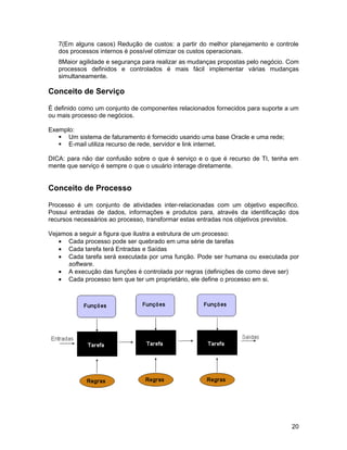 7(Em alguns casos) Redução de custos: a partir do melhor planejamento e controle
   dos processos internos é possível otimizar os custos operacionais.
   8Maior agilidade e segurança para realizar as mudanças propostas pelo negócio. Com
   processos definidos e controlados é mais fácil implementar várias mudanças
   simultaneamente.

Conceito de Serviço

É definido como um conjunto de componentes relacionados fornecidos para suporte a um
ou mais processo de negócios.

Exemplo:
    Um sistema de faturamento é fornecido usando uma base Oracle e uma rede;
    E-mail utiliza recurso de rede, servidor e link internet.

DICA: para não dar confusão sobre o que é serviço e o que é recurso de TI, tenha em
mente que serviço é sempre o que o usuário interage diretamente.


Conceito de Processo

Processo é um conjunto de atividades inter-relacionadas com um objetivo especifico.
Possui entradas de dados, informações e produtos para, através da identificação dos
recursos necessários ao processo, transformar estas entradas nos objetivos previstos.

Vejamos a seguir a figura que ilustra a estrutura de um processo:
   • Cada processo pode ser quebrado em uma série de tarefas
   • Cada tarefa terá Entradas e Saídas
   • Cada tarefa será executada por uma função. Pode ser humana ou executada por
      software.
   • A execução das funções é controlada por regras (definições de como deve ser)
   • Cada processo tem que ter um proprietário, ele define o processo em si.




                                                                                  20
 