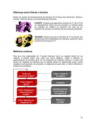 Diferença entre Cliente e Usuário

Dentro do cenário de Gerenciamento de Serviços de TI temos dois elementos: Cliente e
Usuário. Vejamos abaixo a principal diferença entre eles.

                         CLIENTE: é aquele que paga pelos serviços de TI. Se a TI for
                         um departamento interno de uma empresa, os clientes serão
                         as unidades de negócio da empresa. No caso de um
                         prestador de serviços, os clientes são as empresas atendidas.



                         USUÁRIO: Pessoa que usa os serviços de TI no dia-dia. Um
                         departamento de contabilidade, por exemplo, poderá ter vários
                         usuários dos serviços de TI.




Melhoria contínua

Para que uma organização de TI possa funcionar como um negócio dentro de um
negócio, é preciso traçar uma visão que inclua objetivos, metas e métricas. O
gerenciamento de serviços deve ter um programa de melhoria contínua. A cada ciclo
devem ser traçados os objetivos que se espera atingir em determinado prazo, sendo
avaliados continuamente os processos e adaptando-os para obter a melhor eficiência e
eficácia nos resultados.




                                                                                   21
 