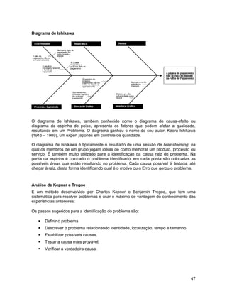 Diagrama de Ishikawa




O diagrama de Ishikawa, também conhecido como o diagrama de causa-efeito ou
diagrama da espinha de peixe, apresenta os fatores que podem afetar a qualidade,
resultando em um Problema. O diagrama ganhou o nome do seu autor, Kaoru Ishikawa
(1915 – 1989), um expert japonês em controle de qualidade.

O diagrama de Ishikawa é tipicamente o resultado de uma sessão de brainstorming, na
qual os membros de um grupo jogam idéias de como melhorar um produto, processo ou
serviço. É também muito utilizado para a identificação da causa raiz do problema. Na
ponta da espinha é colocado o problema identificado, em cada ponta são colocadas as
possíveis áreas que estão resultando no problema. Cada causa possível é testada, até
chegar à raiz, desta forma identificando qual é o motivo ou o Erro que gerou o problema.



Análise de Kepner e Tregoe
É um método desenvolvido por Charles Kepner e Benjamin Tregoe, que tem uma
sistemática para resolver problemas e usar o máximo de vantagem do conhecimento das
experiências anteriores:

Os passos sugeridos para a identificação do problema são:

      Definir o problema
      Descrever o problema relacionando identidade, localização, tempo e tamanho.
      Estabilizar possíveis causas.
      Testar a causa mais provável.
      Verificar a verdadeira causa.




                                                                                     47
 