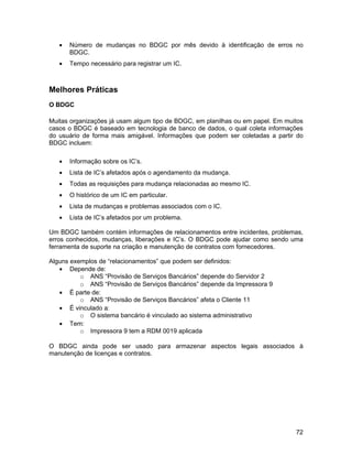 •   Número de mudanças no BDGC por mês devido à identificação de erros no
       BDGC.
   •   Tempo necessário para registrar um IC.



Melhores Práticas
O BDGC

Muitas organizações já usam algum tipo de BDGC, em planilhas ou em papel. Em muitos
casos o BDGC é baseado em tecnologia de banco de dados, o qual coleta informações
do usuário de forma mais amigável. Informações que podem ser coletadas a partir do
BDGC incluem:

   •   Informação sobre os IC’s.
   •   Lista de IC’s afetados após o agendamento da mudança.
   •   Todas as requisições para mudança relacionadas ao mesmo IC.
   •   O histórico de um IC em particular.
   •   Lista de mudanças e problemas associados com o IC.
   •   Lista de IC’s afetados por um problema.

Um BDGC também contém informações de relacionamentos entre incidentes, problemas,
erros conhecidos, mudanças, liberações e IC’s. O BDGC pode ajudar como sendo uma
ferramenta de suporte na criação e manutenção de contratos com fornecedores.

Alguns exemplos de “relacionamentos” que podem ser definidos:
   • Depende de:
          o ANS “Provisão de Serviços Bancários” depende do Servidor 2
          o ANS “Provisão de Serviços Bancários” depende da Impressora 9
   • É parte de:
          o ANS “Provisão de Serviços Bancários” afeta o Cliente 11
   • É vinculado a:
          o O sistema bancário é vinculado ao sistema administrativo
   • Tem:
          o Impressora 9 tem a RDM 0019 aplicada

O BDGC ainda pode ser usado para armazenar aspectos legais associados à
manutenção de licenças e contratos.




                                                                                72
 
