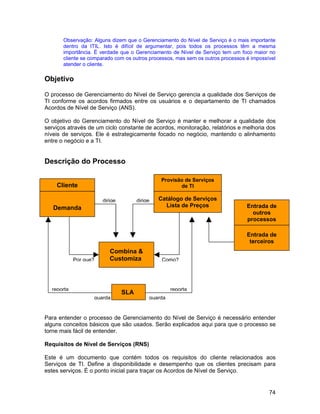 Observação: Alguns dizem que o Gerenciamento do Nível de Serviço é o mais importante
       dentro da ITIL. Isto é difícil de argumentar, pois todos os processos têm a mesma
       importância. É verdade que o Gerenciamento de Nível de Serviço tem um foco maior no
       cliente se comparado com os outros processos, mas sem os outros processos é impossível
       atender o cliente.

Objetivo

O processo de Gerenciamento do Nível de Serviço gerencia a qualidade dos Serviços de
TI conforme os acordos firmados entre os usuários e o departamento de TI chamados
Acordos de Nível de Serviço (ANS).

O objetivo do Gerenciamento do Nível de Serviço é manter e melhorar a qualidade dos
serviços através de um ciclo constante de acordos, monitoração, relatórios e melhoria dos
níveis de serviços. Ele é estrategicamente focado no negócio, mantendo o alinhamento
entre o negócio e a TI.


Descrição do Processo

                                               Provisão de Serviços
    Cliente                                           de TI

                       dirige         dirige   Catálogo de Serviços
   Demanda                                       Lista de Preços                 Entrada de
                                                                                   outros
                                                                                 processos

                                                                                 Entrada de
                                                                                  terceiros
                          Combina &
            Por que?      Customiza             Como?




  reporta                                           reporta
                                SLA
                   guarda                  guarda


Para entender o processo de Gerenciamento do Nível de Serviço é necessário entender
alguns conceitos básicos que são usados. Serão explicados aqui para que o processo se
torne mais fácil de entender.

Requisitos de Nível de Serviços (RNS)

Este é um documento que contém todos os requisitos do cliente relacionados aos
Serviços de TI. Define a disponibilidade e desempenho que os clientes precisam para
estes serviços. É o ponto inicial para traçar os Acordos de Nível de Serviço.


                                                                                          74
 
