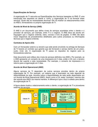 Especificações de Serviço

A organização de TI rascunha as Especificações dos Serviços baseadas no RNS. É uma
transcrição dos requisitos do cliente e “como” a organização de TI irá fornecer estes
serviços. Quais são as necessidades técnicas? Ele irá mostrar os relacionamentos entre
os ANS’s, fornecedores e a própria organização de TI.

Acordo de Nível de Serviço (ANS)

O ANS é um documento que define níveis de serviços acordados entre o cliente e o
provedor de serviços, por exemplo, entre TI e o negócio. O ANS deve ser escrito em
linguagem que o negócio entenda, clara, concisa e livre de jargões. O ANS não deve
incluir diagramas de procedimentos detalhados para outros processos ou informações
técnicas que o negócio entenda.

Contratos de Apoio (CA)

Com um fornecedor externo ou terceiro que está sendo envolvido na entrega de Serviços
de TI haverá um contrato que garanta que ele fornecerá o serviço dentro de um prazo,
custo, nível, etc. A organização de TI passa os requisitos do negócio para os
fornecedores externos.

Este documento será reflexo dos níveis de serviços definidos nos ANS’s. Por exemplo, se
o ANS apresenta um conserto de uma impressora em 5 dias, então o CA com o terceiro
deverá dar suporte a esta necessidade. Por exemplo, o conserto da impressora e o
retorno para a organização em 3 dias.

Acordo de Nível Operacional (ANO)

Alguns serviços de TI dependem de outros serviços providos dentro da própria
organização de TI. Por exemplo, um sistema que é executado via rede depende da
disponibilidade da rede. Acordos sobre a disponibilidade da rede serão desenhados em
um Acordo de Nível Operacional (ANO). Assim como a CA, estes “contratos” internos irão
dar suporte aos ANS’s da mesma maneira. A diferença é que o foco é voltado para dentro
da organização de TI.

A figura abaixo ilustra o relacionamento entre o cliente, a organização de TI e provedores
externos de serviços:




                                                                                       75
 