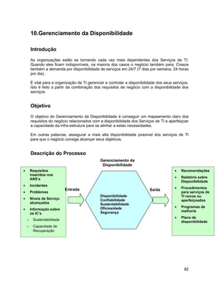 10.Gerenciamento da Disponibilidade

        Introdução

        As organizações estão se tornando cada vez mais dependentes dos Serviços de TI.
        Quando eles ficam indisponíveis, na maioria dos casos o negócio também para. Cresce
        também a demanda por disponibilidade de serviços em 24/7 (7 dias por semana, 24 horas
        por dia).

        É vital para a organização de TI gerenciar e controlar a disponibilidade dos seus serviços.
        Isto é feito a partir da combinação dos requisitos de negócio com a disponibilidade dos
        serviços.


        Objetivo

        O objetivo do Gerenciamento da Disponibilidade é conseguir um mapeamento claro dos
        requisitos do negócio relacionados com a disponibilidade dos Serviços de TI e aperfeiçoar
        a capacidade da infra-estrutura para se alinhar a estas necessidades.

        Em outras palavras, assegurar a mais alta disponibilidade possível dos serviços de TI
        para que o negócio consiga alcançar seus objetivos.


        Descrição do Processo
                                                Gerenciamento da
                                                 Disponibilidade
•       Requisitos                                                                         •   Recomendações
        inseridos nos
        ANS’s                                                                              •   Relatório sobre
                                                                                               Disponibilidade
•       Incidentes
                            Entrada                                                        •   Procedimentos
                                                                            Saída
•       Problemas                                                                              para serviços de
                                                Disponibilidade                                TI novos ou
•       Níveis de Serviço                       Confiabilidade                                 aperfeiçoados
        alcançados                              Sustentabilidade
                                                Oficiosidade                               •   Programas de
•       Informação sobre                                                                       melhoria
        os IC’s                                 Segurança
                                                                                           •   Plano de
    o    Sustentabilidade
                                                                                               disponibilidade
    o    Capacidade de
         Recuperação
    o    Oficiosidade




                                                                                                82
 