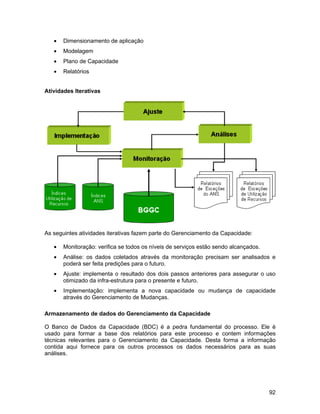 •   Dimensionamento de aplicação
   •   Modelagem
   •   Plano de Capacidade
   •   Relatórios


Atividades Iterativas




As seguintes atividades iterativas fazem parte do Gerenciamento da Capacidade:

   •   Monitoração: verifica se todos os níveis de serviços estão sendo alcançados.
   •   Análise: os dados coletados através da monitoração precisam ser analisados e
       poderá ser feita predições para o futuro.
   •   Ajuste: implementa o resultado dos dois passos anteriores para assegurar o uso
       otimizado da infra-estrutura para o presente e futuro.
   •   Implementação: implementa a nova capacidade ou mudança de capacidade
       através do Gerenciamento de Mudanças.

Armazenamento de dados do Gerenciamento da Capacidade

O Banco de Dados da Capacidade (BDC) é a pedra fundamental do processo. Ele é
usado para formar a base dos relatórios para este processo e contem informações
técnicas relevantes para o Gerenciamento da Capacidade. Desta forma a informação
contida aqui fornece para os outros processos os dados necessários para as suas
análises.




                                                                                      92
 