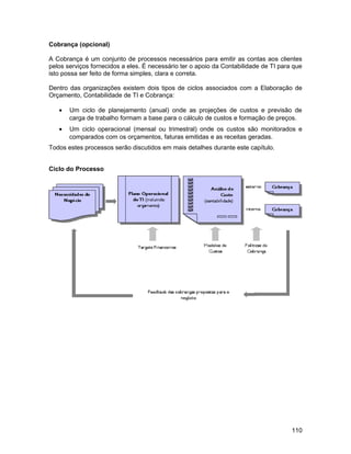 Cobrança (opcional)
A Cobrança é um conjunto de processos necessários para emitir as contas aos clientes
pelos serviços fornecidos a eles. É necessário ter o apoio da Contabilidade de TI para que
isto possa ser feito de forma simples, clara e correta.
Dentro das organizações existem dois tipos de ciclos associados com a Elaboração de
Orçamento, Contabilidade de TI e Cobrança:
• Um ciclo de planejamento (anual) onde as projeções de custos e previsão de
carga de trabalho formam a base para o cálculo de custos e formação de preços.
• Um ciclo operacional (mensal ou trimestral) onde os custos são monitorados e
comparados com os orçamentos, faturas emitidas e as receitas geradas.
Todos estes processos serão discutidos em mais detalhes durante este capítulo.
Ciclo do Processo
110
 