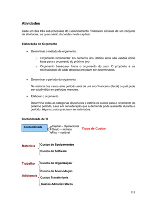 Atividades
Cada um dos três sub-processos do Gerenciamento Financeiro consiste de um conjunto
de atividades, as quais serão discutidas neste capítulo.
Elaboração do Orçamento
• Determinar o método de orçamento:
o Orçamento incremental: Os números dos últimos anos são usados como
base para o orçamento do próximo ano.
o Orçamento base-zero: Inicia o orçamento do zero. O propósito e as
necessidades de cada despesa precisam ser determinados.
• Determinar o período do orçamento
Na maioria dos casos este período será de um ano financeiro (fiscal) o qual pode
ser subdividido em períodos menores.
• Elaborar o orçamento
Determine todas as categorias disponíveis e estime os custos para o orçamento do
próximo período. Leve em consideração que a demanda pode aumentar durante o
período. Alguns custos precisam ser estimados.
Contabilidade de TI
Materiais
Trabalho
Adicionais
111
Contabilidade Capital – Operacional
Direto – Indireto
Fixo – variável
Tipos de Custos
Custos de Equipamentos
Custos de Software
Custos da Organização
Custos de Acomodação
Custos Transferíveis
Custos Administrativos
 