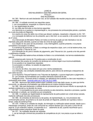 LIVRO III
DAS NULIDADES E DOS RECURSOS EM GERAL
TÍTULO I
DAS NULIDADES
Art. 563. Nenhum ato será declarado nulo, se da nulidade não resultar prejuízo para a acusação ou
para a defesa.
Art. 564. A nulidade ocorrerá nos seguintes casos:
I - por incompetência, suspeição ou suborno do juiz;
II - por ilegitimidade de parte;
III - por falta das fórmulas ou dos termos seguintes:
a) a denúncia ou a queixa e a representação e, nos processos de contravenções penais, a portaria
ou o auto de prisão em flagrante;
b) o exame do corpo de delito nos crimes que deixam vestígios, ressalvado o disposto no Art. 167;
c) a nomeação de defensor ao réu presente, que o não tiver, ou ao ausente, e de curador ao menor
de 21 anos;
d) a intervenção do Ministério Público em todos os termos da ação por ele intentada e nos da
intentada pela parte ofendida, quando se tratar de crime de ação pública;
e) a citação do réu para ver-se processar, o seu interrogatório, quando presente, e os prazos
concedidos à acusação e à defesa;
f) a sentença de pronúncia, o libelo e a entrega da respectiva cópia, com o rol de testemunhas, nos
processos perante o Tribunal do Júri;
g) a intimação do réu para a sessão de julgamento, pelo Tribunal do Júri, quando a lei não permitir
o julgamento à revelia;
h) a intimação das testemunhas arroladas no libelo e na contrariedade, nos termos estabelecidos
pela lei;
i) a presença pelo menos de 15 jurados para a constituição do júri;
j) o sorteio dos jurados do conselho de sentença em número legal e sua incomunicabilidade;
k) os quesitos e as respectivas respostas;
l) a acusação e a defesa, na sessão de julgamento;
m) a sentença;
n) o recurso de oficio, nos casos em que a lei o tenha estabelecido;
o) a intimação, nas condições estabelecidas pela lei, para ciência de sentenças e despachos de
que caiba recurso;
p) no Supremo Tribunal Federal e nos Tribunais de Apelação, o quorum legal para o julgamento;
IV - por omissão de formalidade que constitua elemento essencial do ato.
Parágrafo único. Ocorrerá ainda a nulidade, por deficiência dos quesitos ou das suas respostas, e
contradição entre estas. (Incluído pela Lei nº 263, de 23.2.1948)
Art. 565. Nenhuma das partes poderá argüir nulidade a que haja dado causa, ou para que tenha
concorrido, ou referente a formalidade cuja observância só à parte contrária interesse.
Art. 566. Não será declarada a nulidade de ato processual que não houver influído na apuração da
verdade substancial ou na decisão da causa.
Art. 567. A incompetência do juízo anula somente os atos decisórios, devendo o processo, quando
for declarada a nulidade, ser remetido ao juiz competente.
Art. 568. A nulidade por ilegitimidade do representante da parte poderá ser a todo tempo sanada,
mediante ratificação dos atos processuais.
Art. 569. As omissões da denúncia ou da queixa, da representação, ou, nos processos das
contravenções penais, da portaria ou do auto de prisão em flagrante, poderão ser supridas a todo o
tempo, antes da sentença final.
Art. 570. A falta ou a nulidade da citação, da intimação ou notificação estará sanada, desde que o
interessado compareça, antes de o ato consumar-se, embora declare que o faz para o único fim de
argüi-la. O juiz ordenará, todavia, a suspensão ou o adiamento do ato, quando reconhecer que a
irregularidade poderá prejudicar direito da parte.
Art. 571. As nulidades deverão ser argüidas:
I - as da instrução criminal dos processos da competência do júri, nos prazos a que se refere o
art. 406;
 