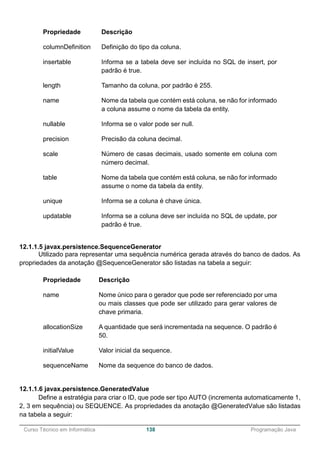 ______________________________________________________________________________________________
Curso Técnico em Informática 138 Programação Java
Propriedade Descrição
columnDefinition Definição do tipo da coluna.
insertable Informa se a tabela deve ser incluída no SQL de insert, por
padrão é true.
length Tamanho da coluna, por padrão é 255.
name Nome da tabela que contém está coluna, se não for informado
a coluna assume o nome da tabela da entity.
nullable Informa se o valor pode ser null.
precision Precisão da coluna decimal.
scale Número de casas decimais, usado somente em coluna com
número decimal.
table Nome da tabela que contém está coluna, se não for informado
assume o nome da tabela da entity.
unique Informa se a coluna é chave única.
updatable Informa se a coluna deve ser incluída no SQL de update, por
padrão é true.
12.1.1.5 javax.persistence.SequenceGenerator
Utilizado para representar uma sequência numérica gerada através do banco de dados. As
propriedades da anotação @SequenceGenerator são listadas na tabela a seguir:
Propriedade Descrição
name Nome único para o gerador que pode ser referenciado por uma
ou mais classes que pode ser utilizado para gerar valores de
chave primaria.
allocationSize A quantidade que será incrementada na sequence. O padrão é
50.
initialValue Valor inicial da sequence.
sequenceName Nome da sequence do banco de dados.
12.1.1.6 javax.persistence.GeneratedValue
Define a estratégia para criar o ID, que pode ser tipo AUTO (incrementa automaticamente 1,
2, 3 em sequência) ou SEQUENCE. As propriedades da anotação @GeneratedValue são listadas
na tabela a seguir:
 