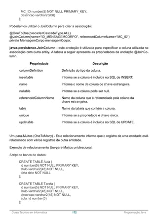 ______________________________________________________________________________________________
Curso Técnico em Informática 172 Programação Java
MC_ID number(5) NOT NULL PRIMARY_KEY,
descricao varchar2(200)
);
Poderíamos utilizar o JoinColumn para criar a associação:
@OneToOne(cascade=CascadeType.ALL)
@JoinColumn(name="ID_MENSAGEMCORPO", referencedColumnName="MC_ID")
private MensagemCorpo mensagemCorpo;
javax.persistence.JoinColumn - esta anotação é utilizada para especificar a coluna utilizada na
associação com outra entity. A tabela a seguir apresenta as propriedades da anotação @JoinCo-
lumn.
Propriedade Descrição
columnDefinition Definição do tipo da coluna.
insertable Informa se a coluna é incluída no SQL de INSERT.
name Informa o nome da coluna de chave estrangeira.
nullable Informa se a coluna pode ser null.
referencedColumnName Nome da coluna que é referenciada pela coluna da
chave estrangeira.
table Nome da tabela que contém a coluna.
unique Informa se a propriedade é chave única.
updatable Informa se a coluna é incluída no SQL de UPDATE.
Um-para-Muitos (OneToMany) - Este relacionamento informa que o registro de uma entidade está
relacionado com vários registros de outra entidade.
Exemplo de relacionamento Um-para-Muitos unidirecional:
Script do banco de dados:
CREATE TABLE Aula (
id number(5) NOT NULL PRIMARY KEY,
titulo varchar2(45) NOT NULL,
data date NOT NULL
);
CREATE TABLE Tarefa (
id number(5) NOT NULL PRIMARY KEY,
titulo varchar2(45) NOT NULL,
descricao varchar2(45) NOT NULL,
aula_id number(5)
);
 