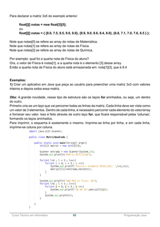 ______________________________________________________________________________________________
Curso Técnico em Informática 65 Programação Java
Para declarar a matriz 3x5 do exemplo anterior:
float[][] notas = new float[3][5];
ou
float[][] notas = { {8.0, 7.5, 8.5, 9.0, 8.0}, {8.9, 9.0, 8.6, 8.4, 8.0}, {6.8, 7.1, 7.0, 7.6, 6.5 } };
Note que notas[0] se refere ao array de notas de Matemática.
Note que notas[1] se refere ao array de notas de Física.
Note que notas[2] se refere ao array de notas de Química.
Por exemplo: qual foi a quarta nota de Física do aluno?
Ora, o vetor de Física é notas[1], e a quarta nota é o elemento [3] desse array.
Então a quarta nota de Física do aluno está armazenada em: nota[1][3], que é 8.4
Exemplos:
1) Criar um aplicativo em Java que peça ao usuário para preencher uma matriz 3x3 com valores
inteiros e depois exiba essa matriz.
Obs: A grande novidade, nesse tipo de estrutura são os laços for aninhados, ou seja, um dentro
do outro.
Primeiro cria-se um laço que vai percorrer todas as linhas da matriz. Cada linha deve ser vista como
um vetor de 3 elementos. Dentro de cada linha, é necessário percorrer cada elemento do vetor/array
e fornecer seu valor. Isso é feito através de outro laço for, que ficará responsável pelas 'colunas',
formando os laços aninhados.
Para imprimir, o esquema é exatamente o mesmo. Imprime-se linha por linha, e em cada linha,
imprime-se coluna por coluna.
 