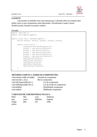 Apostila de Java Grupo PET - Informática
Página 37
LAYOUTS
Layout pode ser definido como uma mascara que é colocada sobre um container para
definir como os seus componentes serão adicionados. Normalmente é usado o layout
BorderLayout(), baseado nos pontos cardeais.
Exemplo:
import java.awt.*;
import java.applet.Applet;
public class ex5_7 extends Applet {
Button botão1, botão2, botão3, botão4, botão5;
public void init() {
setLayout(new BorderLayout());
botão1 = new Button("Norte");
botão2 = new Button("Sul");
botão3 = new Button("Leste");
botão4 = new Button("Oeste");
botão5 = new Button("Centro");
add("North",botão1);
add("South",botão2);
add("East",botão3);
add("West",botão4);
add("Center",botão5);
}
}
MÉTODOS COMUNS A TODOS OS COMPONENTES
void resize(int width, int height) ⇒ Tamanho do componente
void move(int x, int y) ⇒ Mover componente
void setForeground(Color x) ⇒ Cor do componente
void setBackground(Color y) ⇒ Cor de Fundo do componente
void disable() ⇒ Desabilitando componente
void enable() ⇒ Habilitando componente
VARIÁVEIS DE COR DEFINIDAS NO JAVA
black blue cyan darkGray
gray green lightGray magenta
orange pink red white
yellow
 