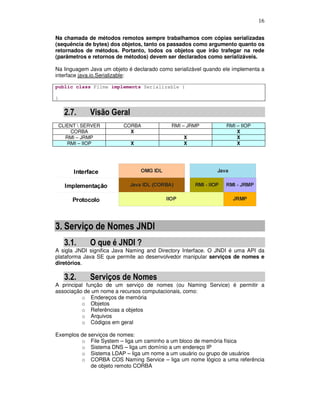 16
Na chamada de métodos remotos sempre trabalhamos com cópias serializadas
(sequência de bytes) dos objetos, tanto os passados como argumento quanto os
retornados de métodos. Portanto, todos os objetos que irão trafegar na rede
(parâmetros e retornos de métodos) devem ser declarados como serializáveis.
Na linguagem Java um objeto é declarado como serializável quando ele implementa a
interface java.io.Serializable:
public class Filme implements Serializable {
}
2.7. Visão Geral
CLIENT  SERVER CORBA RMI – JRMP RMI – IIOP
CORBA X X
RMI – JRMP X X
RMI – IIOP X X X
3. Serviço de Nomes JNDI
3.1. O que é JNDI ?
A sigla JNDI significa Java Naming and Directory Interface. O JNDI é uma API da
plataforma Java SE que permite ao desenvolvedor manipular serviços de nomes e
diretórios.
3.2. Serviços de Nomes
A principal função de um serviço de nomes (ou Naming Service) é permitir a
associação de um nome a recursos computacionais, como:
o Endereços de memória
o Objetos
o Referências a objetos
o Arquivos
o Códigos em geral
Exemplos de serviços de nomes:
o File System – liga um caminho a um bloco de memória física
o Sistema DNS – liga um domínio a um endereço IP
o Sistema LDAP – liga um nome a um usuário ou grupo de usuários
o CORBA COS Naming Service – liga um nome lógico a uma referência
de objeto remoto CORBA
 