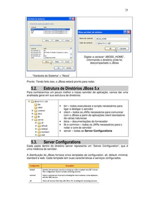 25
“Variáveis do Sistema” > “Nova”
Digitar a variável “JBOSS_HOME”,
informando o diretório onde foi
descompactado o JBoss
Pronto. Tendo feito isso, o JBoss estará pronto para rodar.
5.2. Estrutura de Diretórios JBoss 5.x
Para conhecermos um pouco melhor o nosso servidor de aplicação, vamos dar uma
analisada geral em sua estrutura de diretórios:
• bin – todos executáveis e scripts necessários para
ligar e desligar o servidor
• client – todos os JARs necessários para comunicar
com o JBoss a partir de aplicações client standalone
de várias naturezas
• docs – documentações do fornecedor
• lib e common – todos os JARs necessários para o
rodar o core do servidor
• server – todas as Server Configurations
5.3. Server Configurations
Cada pasta dentro do diretório server representa um “Server Configuration”, que é
uma instância do servidor.
A distribuição do JBoss fornece cinco templates de configuration: all, default, minimal,
standard e web. Cada template tem suas características e serviços configurados.
 