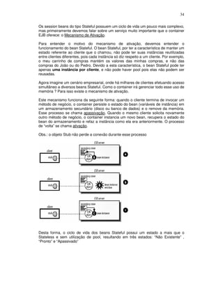34
Os session beans do tipo Stateful possuem um ciclo de vida um pouco mais complexo,
mas primeiramente devemos falar sobre um serviço muito importante que o container
EJB oferece: o Mecanismo de Ativação.
Para entender o motivo do mecanismo de ativação, devemos entender o
funcionamento do bean Stateful. O bean Stateful, por ter a característica de manter um
estado referente ao cliente que o chamou, não pode ter suas instâncias reutilizadas
entre clientes diferentes, pois cada instância só diz respeito a um cliente. Por exemplo,
o meu carrinho de compras mantém os valores das minhas compras, e não das
compras do João ou do Pedro. Devido a esta característica, o bean Stateful pode ter
apenas uma instância por cliente, e não pode haver pool pois elas não podem ser
reusadas.
Agora imagine um cenário empresarial, onde há milhares de clientes efetuando acesso
simultâneo a diversos beans Stateful. Como o container irá gerenciar todo esse uso de
memória ? Para isso existe o mecanismo de ativação.
Este mecanismo funciona da seguinte forma: quando o cliente termina de invocar um
método de negócio, o container persiste o estado do bean (variáveis de instância) em
um armazenamento secundário (disco ou banco de dados) e o remove da memória.
Esse processo se chama apassivação. Quando o mesmo cliente solicita novamente
outro método de negócio, o container instancia um novo bean, recupera o estado do
bean do armazenamento e refaz a instância como ela era anteriormente. O processo
de “volta” se chama ativação.
Obs.: o objeto Stub não perde a conexão durante esse processo
Desta forma, o ciclo de vida dos beans Stateful possui um estado a mais que o
Stateless e sem utilização de pool, resultando em três estados: “Não Existente” ,
“Pronto” e “Apassivado”
 