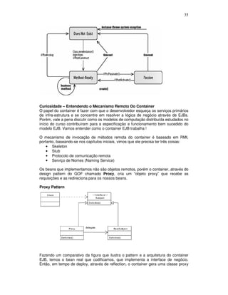 35
Curiosidade – Entendendo o Mecanismo Remoto Do Container
O papel do container é fazer com que o desenvolvedor esqueça os serviços primários
de infra-estrutura e se concentre em resolver a lógica de negócio através de EJBs.
Porém, vale a pena discutir como os modelos de computação distribuída estudados no
início do curso contribuíram para a especificação e funcionamento bem sucedido do
modelo EJB. Vamos entender como o container EJB trabalha !
O mecanismo de invocação de métodos remota do container é baseado em RMI,
portanto, baseando-se nos capítulos iniciais, vimos que ele precisa ter três coisas:
• Skeleton
• Stub
• Protocolo de comunicação remota
• Serviço de Nomes (Naming Service)
Os beans que implementamos não são objetos remotos, porém o container, através do
design pattern do GOF chamado Proxy, cria um “objeto proxy” que recebe as
requisições e as redireciona para os nossos beans.
Proxy Pattern
Fazendo um comparativo da figura que ilustra o pattern e a arquitetura do container
EJB, temos o bean real que codificamos, que implementa a interface de negócio.
Então, em tempo de deploy, através de reflection, o container gera uma classe proxy
 