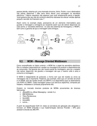 57
pessoa atende, estamos em uma chamada síncrona, ótimo. Porém, e se o destinatário
não estiver disponível ? Não seria ótimo deixar uma mensagem na secretária
eletrônica ? Alguns requisitos não esperam que você simplismente perca a ligação.
Você gostaria que seu site de comércio eletrônico deixasse de efetuar vendas apenas
porquê o servidor do financeiro caiu ?
Assim como no exemplo citado, precisamos de um elemento intermediário para
guardar a mensagem e entregá-la ao recipiente assim que ele estiver disponível (no
caso acima, a “secretária eletrônica”, no caso dos sistemas de mensageria, o “MOM”),
bem como a garantia de que a mensagem será entregue.
9.2. MOM – Message Oriented Middleware
Como exemplificado no tópico anterior, o MOM faz o papel da secretária eletrônica.
Ele é o software responsável por receber as mensagens do produtor e disponibilizá-las
ao consumidor. Ele garante que não haverá perda de mensagens, pois se o receptor
não estiver disponível, ele guarda a mensagem até que o mesmo volte à ativa e
consuma a mensagem.
O MOM é independente de protocolo, a forma com que ele recebe ou envia as
mensagens não é importante. Podemos, por exemplo, dizer que um servidor de email
é um MOM, pois ele recebe emails (via SMTP) e os disponibiliza para os destinatários
(via POP3 ou IMAP). Cada mensagem possui sua estrutura específica, composta por
headers, metadados e conteúdo propriamente dito.
Existem no mercado diversos produtos de MOMs provenientes de diversos
fabricantes:
• JBossMQ (ou JBoss Messaging – versão 5.x)
• IBM MQSeries
• Tibco Rendezvous
• SonicMQ
• ActiveMQ
• outros...
A partir da especificação EJB 3.0, todos os servidores de aplicação são obrigados a
fornecer um MOM embutido e sua implementação (Service Provider – SPI) para
acessá-lo através da JMS API.
 