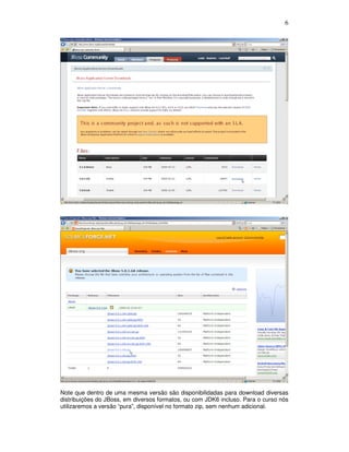 6
Note que dentro de uma mesma versão são disponibilidadas para download diversas
distribuições do JBoss, em diversos formatos, ou com JDK6 incluso. Para o curso nós
utilizaremos a versão “pura”, disponível no formato zip, sem nenhum adicional.
 