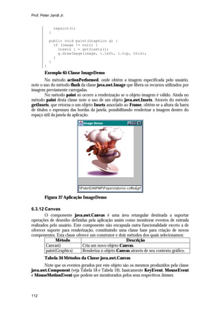 Prof. Peter Jandl Jr.


                repaint();
            }

            public void paint(Graphics g) {
              if (image != null) {
                Insets i = getInsets();
                g.drawImage(image, i.left, i.top, this);
              }
            }
        }
        Exemplo 65 Classe ImageDemo
        No método actionPerformed, onde obtêm a imagem especificada pelo usuário,
note o uso do método flush da classe java.awt.Image que libera os recursos utilizados por
imagens previamente carregadas.
        No método paint só ocorre a renderização se o objeto imagem é válido. Ainda no
método paint desta classe note o uso de um objeto java.awt.Insets. Através do método
getInsets, que retorna o um objeto Insets associado ao Frame, obtêm-se a altura da barra
de títulos e espessura das bordas da janela, possibilitando renderizar a imagem dentro do
espaço útil da janela da aplicação.




        Figura 37 Aplicação ImageDemo

6.3.12 Canvas
        O componente java.awt.Canvas é uma área retangular destinada a suportar
operações de desenho definidas pela aplicação assim como monitorar eventos de entrada
realizados pelo usuário. Este componente não encapsula outra funcionalidade exceto a de
oferecer suporte para renderização, constituindo uma classe base para criação de novos
componentes. Esta classe oferece um construtor e dois métodos dos quais selecionamos:
               Método                                Descrição
         Canvas()             Cria um novo objeto Canvas.
         paint(Graphics)      Renderiza o objeto Canvas através de seu contexto gráfico.
        Tabela 34 Métodos da Classe java.awt.Canvas
       Note que os eventos gerados por este objeto são os mesmos produzidos pela classe
java.awt.Component (veja Tabela 18 e Tabela 19), basicamente KeyEvent, MouseEvent
e MouseMotionEvent que podem ser monitorados pelos seus respectivos listeners.



112
 