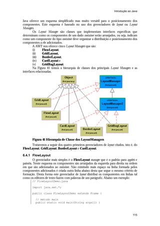 Introdução ao Java


Java oferece um esquema simplificado mas muito versátil para o posicionamento dos
componentes. Este esquema é baseado no uso dos gerenciadores de layout ou Layout
Managers.
        Os Layout Manager são classes que implementam interfaces específicas que
determinam como os componentes de um dado container serão arranjados, ou seja, indicam
como um componente do tipo container deve organizar a distribuição e posicionamento dos
componentes a ele adicionados.
        A AWT nos oferece cinco Layout Managers que são:
        (i)      FlowLayout,
        (ii)     GridLayout,
        (iii)    BorderLayout,
        (iv)     CardLayout e
        (v)      GridBagLayout.
        Na Figura 41 temos a hierarquia de classes dos principais Layout Managers e as
interfaces relacionadas.




       Figura 41 Hierarquia de Classe dos LayoutManagers
     Trataremos a seguir dos quatro primeiros gerenciadores de layout citados, isto é, do
FlowLayout, GridLayout, BorderLayout e CardLayout.

6.4.1 FlowLayout
        O gerenciador mais simples é o FlowLayout manager que é o padrão para applets e
painéis. Neste esquema os componentes são arranjados da esquerda para direita na ordem
em que são adicionados ao container. Não existindo mais espaço na linha formada pelos
componentes adicionados é criada outra linha abaixo desta que segue o mesmo critério de
formação. Desta forma este gerenciador de layout distribui os componentes em linhas tal
como os editores de texto fazem com palavras de um parágrafo. Abaixo um exemplo:
       // FlowLayoutDemo.java

       import java.awt.*;

       public class FlowLayoutDemo extends Frame {

         // método main
         public static void main(String args[]) {



                                                                                     115
 