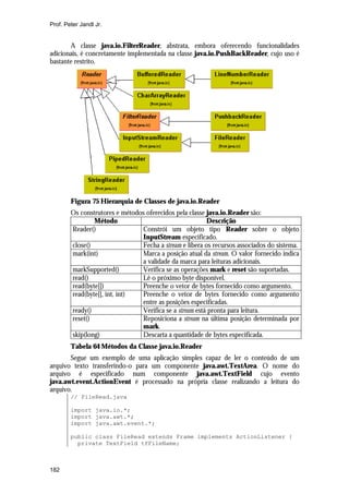Prof. Peter Jandl Jr.


       A classe java.io.FilterReader, abstrata, embora oferecendo funcionalidades
adicionais, é concretamente implementada na classe java.io.PushBackReader, cujo uso é
bastante restrito.




        Figura 75 Hierarquia de Classes de java.io.Reader
        Os construtores e métodos oferecidos pela classe java.io.Reader são:
                Método                                   Descrição
        Reader()                Constrói um objeto tipo Reader sobre o objeto
                                InputStream especificado.
        close()                 Fecha a stream e libera os recursos associados do sistema.
        mark(int)               Marca a posição atual da stream. O valor fornecido indica
                                a validade da marca para leituras adicionais.
        markSupported()         Verifica se as operações mark e reset são suportadas.
        read()                  Lê o próximo byte disponível.
        read(byte[])            Preenche o vetor de bytes fornecido como argumento.
        read(byte[], int, int)  Preenche o vetor de bytes fornecido como argumento
                                entre as posições especificadas.
        ready()                 Verifica se a stream está pronta para leitura.
        reset()                 Reposiciona a stream na última posição determinada por
                                mark.
        skip(long)              Descarta a quantidade de bytes especificada.
        Tabela 64 Métodos da Classe java.io.Reader
       Segue um exemplo de uma aplicação simples capaz de ler o conteúdo de um
arquivo texto transferindo-o para um componente java.awt.TextArea. O nome do
arquivo é especificado num componente java.awt.TextField cujo evento
java.awt.event.ActionEvent é processado na própria classe realizando a leitura do
arquivo.
        // FileRead.java

        import java.io.*;
        import java.awt.*;
        import java.awt.event.*;

        public class FileRead extends Frame implements ActionListener {
          private TextField tfFileName;



182
 