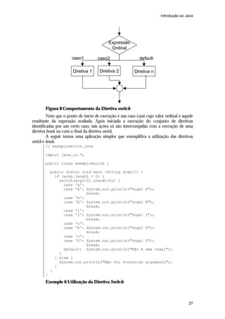 Introdução ao Java




                                           Expressão
                                            Ordinal

                      caso1          caso2                   default

                       Diretiva 1     Diretiva 2          Diretiva n




       Figura 8 Comportamento da Diretiva switch
         Note que o ponto de início de execução é um caso (case) cujo valor ordinal é aquele
resultante da expressão avaliada. Após iniciada a execução do conjunto de diretivas
identificadas por um certo caso, tais ações só são interrompidas com a execução de uma
diretiva break ou com o final da diretiva switch.
         A seguir temos uma aplicação simples que exemplifica a utilização das diretivas
switch e break.
       // exemploSwitch.java

       import java.io.*;

       public class exemploSwitch {

           public static void main (String args[]) {
             if (args.length > 0) {
               switch(args[0].charAt(0)) {
                 case 'a':
                 case 'A': System.out.println("Vogal            A");
                           break;
                 case 'e':
                 case 'E': System.out.println("Vogal            E");
                           break;
                 case 'i':
                 case 'I': System.out.println("Vogal            I");
                           break;
                 case 'o':
                 case 'O': System.out.println("Vogal            O");
                           break;
                 case 'u':
                 case 'U': System.out.println("Vogal            U");
                           break;
                 default: System.out.println("Não é             uma vogal");
               }
             } else {
               System.out.println("Não foi fornecido            argumento");
             }
           }
       }
       Exemplo 6 Utilização da Diretiva Switch



                                                                                         27
 
