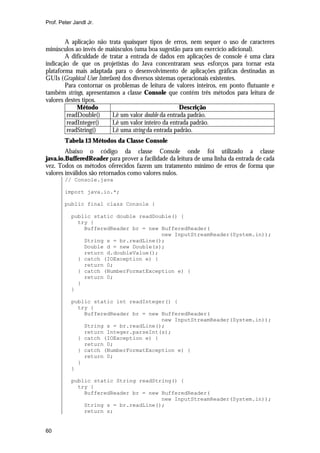 Prof. Peter Jandl Jr.


        A aplicação não trata quaisquer tipos de erros, nem sequer o uso de caracteres
minúsculos ao invés de maiúsculos (uma boa sugestão para um exercício adicional).
        A dificuldade de tratar a entrada de dados em aplicações de console é uma clara
indicação de que os projetistas do Java concentraram seus esforços para tornar esta
plataforma mais adaptada para o desenvolvimento de aplicações gráficas destinadas as
GUIs (Graphical User Interfaces) dos diversos sistemas operacionais existentes.
        Para contornar os problemas de leitura de valores inteiros, em ponto flutuante e
também strings, apresentamos a classe Console que contém três métodos para leitura de
valores destes tipos.
             Método                                     Descrição
         readDouble()       Lê um valor double da entrada padrão.
         readInteger()      Lê um valor inteiro da entrada padrão.
         readString()       Lê uma string da entrada padrão.
        Tabela 13 Métodos da Classe Console
        Abaixo o código da classe Console onde foi utilizado a classe
java.io.BufferedReader para prover a facilidade da leitura de uma linha da entrada de cada
vez. Todos os métodos oferecidos fazem um tratamento mínimo de erros de forma que
valores inválidos são retornados como valores nulos.
        // Console.java

        import java.io.*;

        public final class Console {

           public static double readDouble() {
             try {
               BufferedReader br = new BufferedReader(
                                       new InputStreamReader(System.in));
               String s = br.readLine();
               Double d = new Double(s);
               return d.doubleValue();
             } catch (IOException e) {
               return 0;
             } catch (NumberFormatException e) {
               return 0;
             }
           }

           public static int readInteger() {
             try {
               BufferedReader br = new BufferedReader(
                                       new InputStreamReader(System.in));
               String s = br.readLine();
               return Integer.parseInt(s);
             } catch (IOException e) {
               return 0;
             } catch (NumberFormatException e) {
               return 0;
             }
           }

           public static String readString() {
             try {
               BufferedReader br = new BufferedReader(
                                       new InputStreamReader(System.in));
               String s = br.readLine();
               return s;


60
 