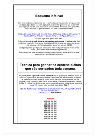 Esquema infalível
Com esse você não perde nunca, são 15 bichos os que mais sai, eles tem que vim em
um dos 3 jogos do dia seu lucro e pouco mais e melhor ganhar do que perder né?
Você jogar um real em cada bicho vai dá um total de R$ 15 reais ai você ganhar R$
16,00 livra o seu e ganhar mais R$ 1,00 real Os bichos são esses:
22 tigre, 24 veado, 23 Urso, 25 Vaca, 09 Cobra, 17 Macaco, 03 Burro, 01 Avestruz, 10
Coelho, 20 Peru, 14 Gato, 11 Cavalo, 18 Porco , 02 Águia, 21 Touro.
Se você jogar mais ganha mais claro.
O Grande Segredo é você dobrar a aposta caso nenhum dos 15 bichos saia. Caso
você tenha jogado R$15.00, então deverá jogar R$30,00 e se sair algum dos bichos,
você recupera o dinheiro apostado e ainda terá lucrado R$2,00.
Você pode pensar que é pouco, mas quanto mais você puder apostar maior será o
lucro. Dessa forma você nunca estará perdendo!
Recomendo que você tenha algum dinheiro disponível para aplicar a técnica, para
poder dobrar a aposta caso necessário.
Técnica para ganhar na centena bichos
que são sorteados toda semana.
Grupo 15 jacaré e grupo 8 camelo ,veado 24 são os grupos com melhores índice de
saída no jogo do bicho, em média a cada 7 resultados eles são sorteados, o máximo
de dias que ficou sem aparecer foram 8 dias. Escolha o mais atrazado dos 3 e
comece a jogar depois do sexto dia de atraso, jogue todas as centenas deles valendo
do 1°ao 5° no total são 40 centenas, como no exemplo abaixo, siga a tabela a centena
paga 100 vezes o valor apostado jogando do 1°ao 5° ,
OBS: SE ACONTECER DE REPETIR O GRUPO, GANHARÁ NA CENTENA DUAS
VEZES PORQUE ESTÁ
JOGANDO DO 1°ao 5°PRÊMIO.
Exemplo
057 058 059 060
157 158 159 160
257 258 259 260
357 358 359 360
457 458 459 460
557 558 559 560
657 658 659 660
757 758 759 760
857 858 859 860
957 958 959 960
 