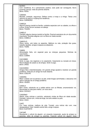BURRO
Com insistência, fé e pensamento positivo, tudo pode ser conseguido. Burro
puxando carroça: visita de parente distante.
Bicho: PERU
CABANA
Moradia, proteção, segurança. Defesa contra a inveja e a intriga. Talvez uma
reforma na casa ou mudança de residência.
Bicho: CARNEIRO
CABEÇA
Alguma doença mental na família, cuidados especiais com os cabelos, os olhos e
a boca. Evitar Sol em excesso na cabeça.
Bicho: TOURO
CABELO
Também alguma doença mental na família. Possível assinatura de um documento
importante. Grandes alegrias com os filhos em idade escolar.
Bicho: CAMELO
CABOCLO
Ótimo sonho, sob todos os aspectos. Melhora na vida, proteção dos guias,
trabalho desfeito, amigos invejosos se afastando.
Bicho: TIGRE
CABRA
Alimentação farta, em especial para as crianças pequenas. Notícias de
nascimento.
Bicho: COBRA
CACHIMBO
Sorte no jogo, nos negócios e no casamento. Casamento ou noivado em breve.
Reconciliação de casais ou de amigos. Sorte no jogo.
Bicho: URSO
CACHORRO
Amigos fiéis e desinteressados. Um grande amigo ajudará a resolver um grande
problema. Visita de um amigo há muito distante.
Bicho: COELHO
CADEIRA
Maior cuidado com as pernas e os pés, evitar longas caminhadas; o descanso virá
após a solução de um antigo problema.
Bicho: VEADO
CADELA
Bom sonho, sobretudo se a cadela estiver com os filhotes, amamentando -os.
Reviravolta na vida para melhor, um novo amor.
Bicho: CAVALO
CADERNO
Aberto: boas notícias a caminho, sobretudo vindas de filhos em idade escolar.
Fechado: notícia ruim, vinda de longe, de outro estado ou país.
Bicho: VACA
CAFÉ
Cru: boas notícias, melhora de vida. Torrado: uma notícia não ruim, mas
desagradável. Feito: trabalho sendo feito, amigo invejoso.
Bicho: ELEFANTE
CAFUNÉ
Recebendo o cafuné de alguém: um presente inesperado, ajuda de amigos ou
parentes, afeto de amigos ou parentes. Fazendo cafuné em alguém: boas
 