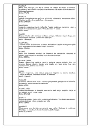 CAMÉLIA
Muito bom presságio, pois flor é sempre um símbolo de alegria e felicidade.
Casamento bem próximo. Um pedido de casamento de alguém muito apaixonado.
Melhoras financeiras.
Bicho: PAVÀO
CAMELO
Grande prosperidade nos negócios, promoções no trabalho, aumento de salário.
Significa também alimentação farta e ótima saúde.
Bicho: CAMELO
CAMINHÃO
Andando: desgosto profundo na família. Parado: problemas financeiros e com a
saúde. Com o capô aberto, com defeito: desunião de casais.
Bicho: PERU
CAMISA
Branca: triunfo sobre inimigos ou falsos amigos. Colorida: viagem longa, em
especial para negócios. Escura: mau presságio.
Bicho: CARNEIRO
CAMPAINHA
Tocando: morte de conhecido ou amigo. Em silêncio: alguém muito preocupado
com um problema. Com defeito: tristeza na família.
Bicho: TOURO
CAMPO
Muito bom presságio. Mudança de residência em perspectiva, melhoras de
alguém muito doente, sorte no jogo e nos empreendimentos.
Bicho: COBRA
CAMUNDONGO
Branco: alguma boa notícia a caminho, visita de parente distante, êxito nos
amores. Escuro: alguém planeja uma traição, um falso amigo logo será
desmascarado, tristeza nos amores.
Bicho: TIGRE
CANA
Viagem inesperada, para resolver pequenos negócios ou assinar escritura.
Traição de amigos, parentes ou mesmo de amantes.
Bicho: COELHO
CANÁRIO
Cantando: notícias muito boas a caminho, prosperidade, perspectiva de felicidade.
Em silêncio: sérias dificuldades na família.
Bicho: URSO
CANDELABRO
Aceso: melhoras para os enfermos, visita de um velho amigo. Apagado: traição de
um suposto amigo, intriga, inveja.
Bicho: CAVALO
CANETA
Êxito nos amores, triunfo sobre os inimigos traiçoeiros. Ver alguém escrevendo:
notícias de longe, velhas amizades que volta
Bicho: VEADO
CANHOTO
Mudança de rumo de vida, normalmente para melhor. Mudança de residência.
Promoção no trabalho, melhoras financeiras, sorte no jogo.
Bicho: ELEFANTE
 