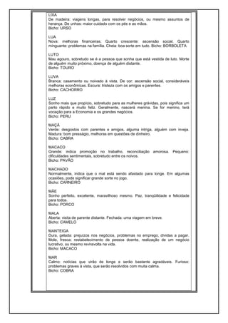 LIXA
De madeira: viagens longas, para resolver negócios, ou mesmo assuntos de
herança. De unhas: maior cuidado com os pés e as mãos.
Bicho: URSO
LUA
Nova: melhoras financeiras. Quarto crescente: ascensão social. Quarto
minguante: problemas na família. Cheia: boa sorte em tudo. Bicho: BORBOLETA
LUTO
Mau agouro, sobretudo se é a pessoa que sonha que está vestida de luto. Morte
de alguém muito próximo, doença de alguém distante.
Bicho: TOURO
LUVA
Branca: casamento ou noivado à vista. De cor: ascensão social, consideráveis
melhoras econômicas. Escura: tristeza com os amigos e parentes.
Bicho: CACHORRO
LUZ
Sonho mais que propício, sobretudo para as mulheres grávidas, pois significa um
parto rápido e muito feliz. Geralmente, nascerá menina. Se for menino, terá
vocação para a Economia e os grandes negócios.
Bicho: PERU
MAÇÃ
Verde: desgostos com parentes e amigos, alguma intriga, alguém com inveja.
Madura: bom presságio, melhoras em questões de dinheiro.
Bicho: CABRA
MACACO
Grande: indica promoção no trabalho, reconciliação amorosa. Pequeno:
dificuldades sentimentais, sobretudo entre os noivos.
Bicho: PAVÃO
MACHADO
Normalmente, indica que o mal está sendo afastado para longe. Em algumas
ocasiões, pode significar grande sorte no jogo.
Bicho: CARNEIRO
MÃE
Sonho perfeito, excelente, maravilhoso mesmo. Paz, tranqüilidade e felicidade
para todos.
Bicho: PORCO
MALA
Aberta: visita de parente distante. Fechada: uma viagem em breve.
Bicho: CAMELO
MANTEIGA
Dura, gelada: prejuízos nos negócios, problemas no emprego, dívidas a pagar.
Mole, fresca: restabelecimento de pessoa doente, realização de um negócio
lucrativo, ou mesmo reviravolta na vida.
Bicho: MACACO
MAR
Calmo: notícias que virão de longe e serão bastante agradáveis. Furioso:
problemas graves à vista, que serão resolvidos com muita calma.
Bicho: COBRA
 