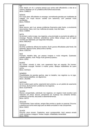 NÓ
Estar dando um nó: a própria pessoa que sonha está dificultando a vida de si
mesma. Desfazer um nó: problema difícil afinal solucionado.
Bicho: CAMELO
NÓDOA
Em roupa clara: dificuldades no emprego, normalmente geradas por rivalidades de
colegas. Em roupa escura: cautela com estranhos, com pessoas muito
sorridentes.
Bicho: PORCO
NOITE
Muito escura, sem Lua: graves problemas financeiros pela frente, e envolvendo
documentos. Clara, com Lua: melhoras de saúde, mas não totais.
Bicho: COBRA
NOTA
De dinheiro: sorte no jogo, nos negócios, uma promoção ou aumento de salário no
emprego. Recado, lembrete: advertência contra falsos amigos, que só agem
movidos por interesses, por segundas intenções.
Bicho: MACACO
NOVELO
De linha: problemas difíceis de resolver. De lã: graves dificuldades pela frente. De
barbante: alguma morte, talvez entre a família.
Bicho: COELHO
NOZ
Fechada: trabalho feito, por pessoa invejosa e muito intrigante. Quebrada:
trabalho desfeito, inútil. Perigo muito grande já passou.
Bicho: LEÃO
NUDEZ
De mulher: noivado à vista, com casamento logo em seguida. De homem:
infidelidade conjugal. Homem e mulher juntos: desejos insatisfeitos de quem
sonha.
Bicho: CAVALO
NÚMERO
Possibilidades de grandes ganhos, seja no trabalho, nos negócios ou no jogo.
Para maiores detalhes, ver algarismos.
Bicho: JACARÉ
NÚPCIAS
Se for mulher quem sonha: casamento bem próximo, ou um pedido de casamento
em breve. Se for homem: problemas nos negócios.
Bicho: ELEFANTE
NUVEM
Branca: prosperidade, sobretudo nos negócios; um negócio muito lucrativo será
realizado em breve. Escura: perspectiva de mudança nos ambiente familiar;
problemas na família, discussão e desentendimentos.
Bicho: GATO
ÓCULOS
Transparentes: boas notícias, amigos fiéis prontos a ajudar no possível. Escuros:
a pessoa que sonha está cega para as falsas amizades e más companhias.
Bicho: GALO
OLHOS
Escuros: amor sincero. Castanhos: amor correspondido. Azul: pessoa amada
muito ciumenta e insegura. Verdes: traição, infidelidade, leviandade.
Bicho: PERU
 