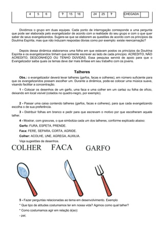 4 5 6 ? 15 16 24 25 ? CHEGADA
Dividimos o grupo em duas equipes. Cada ponto de interrogação corresponde a uma pergunta
que pode ser elaborada pelo evangelizador de acordo com a realidade do seu grupo e com o que quer
saber de seus evangelizandos. Sugere-se que se elaborem as questões de acordo com os princípios da
Doutrina Espírita, mas que não induzam respostas óbvias como por exemplo: existe reencarnação?
Depois dessa dinâmica elaboramos uma folha em que estavam postos os princípios da Doutrina
Espírita e os evangelizandos tinham que somente escrever ao lado de cada princípio: ACREDITO, NÃO
ACREDITO, DESCONHEÇO OU TENHO DÚVIDAS. Essa pesquisa servirá de apoio para que o
Evangelizador saiba quais os temas deve dar mais ênfase em seu trabalho com os jovens.
Talheres
Obs.: o evangelizador deverá levar talheres (garfos, facas e colheres), em número suficiente para
que os evangelizandos possam escolher um. Durante a dinâmica, pode-se colocar uma música suave,
visando facilitar a concentração.
1 - Colocar os desenhos de um garfo, uma faca e uma colher em um cartaz ou folha de ofício,
deixando em local visível (colados no quadro-negro, por exemplo).
2 - Passar uma caixa contendo talheres (garfos, facas e colheres), para que cada evangelizando
escolha o de sua preferência.
3 - Distribuir folhas em branco e pedir para que escrevam o motivo por que escolheram aquele
talher.
4 - Mostrar, com gravuras, o que simboliza cada um dos talheres, conforme explicado abaixo:
Garfo: FURA, ESPETA, PRENDE.
Faca: FERE, SEPARA, CORTA, AGRIDE.
Colher: ACOLHE, UNE, AGREGA, AUXILIA.
Veja sugestões de desenhos.
5 - Fazer perguntas relacionadas ao tema em desenvolvimento. Exemplo
* Que tipo de atitudes costumamos ter em nossa vida? Agimos como qual talher?
* Como costumamos agir em relação à(ao):
- pai;
 