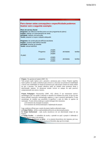 18/06/2013
21
Para clarear estas concepções e especificidade podemos
ilustrar com o seguinte exemplo:
Plano de serviço Social
Programa: de infância e família (como um dos programas do plano)
Projeto: realizar um acampamento de verão.
Atividade: realizar uma excursão
Tarefa: preparar a roupa e calçado adequado
Programa: de construção de edifícios escolares
Projeto: construir este edifício escolar
Atividade: levantar as paredes
Tarefa: colocar ladrilhos
projeto
Programa projeto atividades tarefas
projeto
PLANO
projeto
programa projeto atividades tarefas
projeto
Projeto - Na opinião de Gadotti (2005: 18):
Todo projeto supõe ruptura com o presente e promessas para o futuro. Projetar significa
tentar quebrar um estado confortável para arriscar-se, atravessar um período de instabilidade
e buscar uma estabilidade em função de promessa que cada projeto contém de estado melhor
do que o presente. Um projeto educativo pode ser tomado como promessa frente a
determinadas rupturas. As promessas tornam visíveis os campos de ação possível,
comprometendo seus atores e autores.
Projeto Pedagógico -Vasconcellos (2005: 143), afirma: É um instrumento teórico-
metodológico que visa ajudar a enfrentar os desafios do cotidiano da escola, só que de uma
forma refletida, consciente, sistematizada, orgânica e, o que é essencial, participativa. É uma
metodologia de trabalho que possibilita re-significar a ação de todos os agentes da
instituição. O autor afirma ainda que se pode distinguir dois momentos:
a) O momento da concepção do projeto.
b) O momento da institucionalização e implantação do projeto.
Logo, podemos afirmar que a noção de projeto implica sobretudo tempo:
a) Tempo Político - define a oportunidade política de um determinado projeto.
b) Tempo Institucional – cada escola encontra-se em um determinado tempo de sua
história.
c) Tempo Escolar – o calendário da escola, o período no qual o projeto é elaborado é
também decisivo para o seu sucesso.
d) Tempo para amadurecer as ideias – só os projetos burocráticos são impostos, por isso,
revelam-se ineficientes , um projeto precisa ser discutido, algo que leva tempo.
 