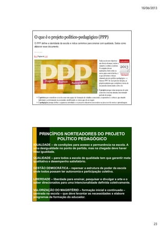 18/06/2013
23
PRINCÍPIOS NORTEADORES DO PROJETO
POLÍTICO PEDAGÓGICO
IGUALDADE – de condições para acesso e permanência na escola. A
uma desigualdade no ponto de partida, mas na chegada deve haver
essa igualdade.
QUALIDADE – para todos a escola de qualidade tem que garantir meta
qualitativa e desempenho satisfatório.
GESTÃO DEMOCRÁTICA – repensar a estrutura de poder da escola
onde todos possam ter autonomia e participação coletiva.
LIBERDADE – liberdade para ensinar, pesquisar e divulgar a arte e o
saber direcionados para uma intencionalidade definida coletivamente.
VALORIZAÇÃO DO MAGISTÉRIO – formação inicial e continuada –
centrada na escola – que deve levantar as necessidades e elabore
programas de formação do educador.
 