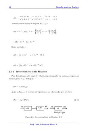 22                                                            Transformada de Laplace




                as + b + 3a    as + b + 3a     2a + b a + b
       X(s) =    2 + 3s + 2
                            =                =       −
                s             (s + 1)(s + 2)   s+1     s+2

     A transformada inversa de Laplace de X(s) é:


                                      2a + b            a+b
       x(t) = L −1 {X(s)} = L −1               − L −1
                                      s+1               s+2



       = (2a + b)e−t − (a + b)e−2t

     Então a solução é:



       x(t) = (2a + b)e−t − (a + b)e−2t   t≥0




       x(t) = (2a + b)e−t − (a + b)e−2t u(t)


2.6.4      Interconexões entre Sistemas
   Para dois sistemas LTI, com h1 (t) e h2 (t), respectivamente, em cascata, a resposta ao
impulso global h(t) é dada por:



       h(t) = h1 (t) ∗ h2 (t)

     Assim as funções do sistema correspondentes são relacionadas pelo produto:



       H(s) = H1 (s)H2 (s)                                                          (2.43)




                        Figura 2.3: Sistema em Série no Domínio de t.


                                Prof. José Juliano de Lima Jr.
 