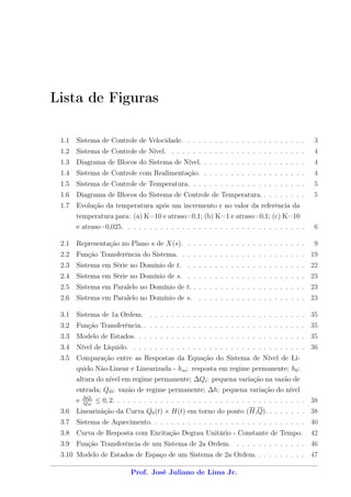 Lista de Figuras

 1.1 Sistema de Controle de Velocidade. . . . . . . . . . . . . . . . . . . . . . .       3
 1.2 Sistema de Controle de Nível. . . . . . . . . . . . . . . . . . . . . . . . . .      4
 1.3 Diagrama de Blocos do Sistema de Nível. . . . . . . . . . . . . . . . . . . .        4
 1.4 Sistema de Controle com Realimentação. . . . . . . . . . . . . . . . . . . .         4
 1.5 Sistema de Controle de Temperatura. . . . . . . . . . . . . . . . . . . . . .        5
 1.6 Diagrama de Blocos do Sistema de Controle de Temperatura. . . . . . . . .            5
 1.7 Evolução da temperatura após um incremento r no valor da referência da
     temperatura para: (a) K=10 e atraso=0,1; (b) K=1 e atraso=0,1; (c) K=10
     e atraso=0,025. . . . . . . . . . . . . . . . . . . . . . . . . . . . . . . . . .    6

 2.1 Representação no Plano s de X(s). . . . . . . . . . . . . . . . . . . . . . .        9
 2.2 Função Transferência do Sistema. . . . . . . . . . . . . . . . . . . . . . . . 19
 2.3 Sistema em Série no Domínio de t. . . . . . . . . . . . . . . . . . . . . . . 22
 2.4 Sistema em Série no Domínio de s. . . . . . . . . . . . . . . . . . . . . . . 23
 2.5 Sistema em Paralelo no Domínio de t. . . . . . . . . . . . . . . . . . . . . . 23
 2.6 Sistema em Paralelo no Domínio de s. . . . . . . . . . . . . . . . . . . . . 23

 3.1 Sistema de 1a Ordem. . . . . . . . . . . . . . . . . . . . . . . . . . . . . . 35
 3.2 Função Transferência. . . . . . . . . . . . . . . . . . . . . . . . . . . . . . . 35
 3.3 Modelo de Estados. . . . . . . . . . . . . . . . . . . . . . . . . . . . . . . . 35
 3.4 Nível de Líquido. . . . . . . . . . . . . . . . . . . . . . . . . . . . . . . . . 36
 3.5 Comparação entre as Respostas da Equação do Sistema de Nível de Lí-
      quido Não-Linear e Linearizada - hss : resposta em regime permanente; h0 :
      altura do nível em regime permanente; ∆Qi : pequena variação na vazão de
      entrada; Qi0 : vazão de regime permanente; ∆h: pequena variação do nível
      e ∆Qi ≤ 0, 2. . . . . . . . . . . . . . . . . . . . . . . . . . . . . . . . . . . . 38
         Qi0
 3.6 Linearizãção da Curva Q0 (t) × H(t) em torno do ponto (H,Q). . . . . . . . 38
 3.7 Sistema de Aquecimento. . . . . . . . . . . . . . . . . . . . . . . . . . . . . 40
 3.8 Curva de Resposta com Excitação Degrau Unitário - Constante de Tempo.               42
 3.9 Função Transferência de um Sistema de 2a Ordem. . . . . . . . . . . . . . 46
 3.10 Modelo de Estados de Espaço de um Sistema de 2a Ordem. . . . . . . . . . 47

                         Prof. José Juliano de Lima Jr.
 