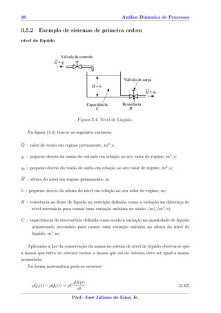 36                                                      Análise Dinâmica de Processos


3.5.2      Exemplo de sistemas de primeira ordem
nível de líquido




                                 Figura 3.4: Nível de Líquido.

     Na ﬁgura (3.4) tem-se as seguintes variáveis:

Q : valor de vazão em regime permanente, m3 /s;

qi : pequeno desvio da vazão de entrada em relação ao seu valor de regime, m3 /s;

q0 : pequeno desvio da vazão de saída em relação ao seu valor de regime, m3 /s;

H : altura do nível em regime permanente, m

h : pequeno desvio da altura do nível em relação ao seu valor de regime, m;

R : resistência ao ﬂuxo de líquido na restrição deﬁnida como a variação na diferença de
     nível necessária para causar uma variação unitária na vazão, (m)/(m3 /s);

C : capacitância do reservatório deﬁnida como sendo a variação na quantidade de líquido
     armazenado necessário para causar uma variação unitária na altura do nível de
     líquido, m3 /m;

     Aplicando a Lei da conservação da massa no sitema de nível de líquido observa-se que
a massa que entra no sistema menos a massa que sai do sistema deve ser igual a massa
acumulada.
     Na forma matemática pode-se escrever:


                                dH(t)
       ρQi (t) − ρQ0 (t) = ρC                                                       (3.42)
                                 dt

                            Prof. José Juliano de Lima Jr.
 
